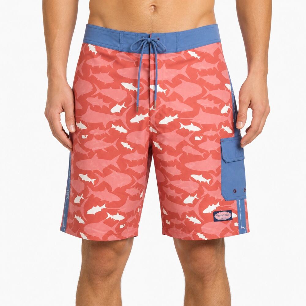 Vineyard Vines Swim Trunks Mens 30 Red Blue Shark Print Board Shorts